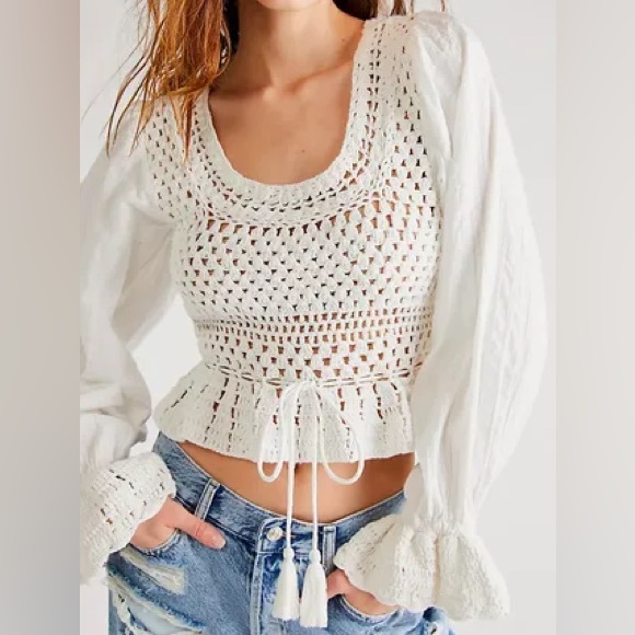 Free People white crochet long sleeve crop top Megan sz S - Picture 1 of 13